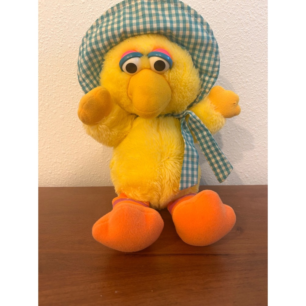 Vintage Sesame Street Big Bird Hasbro Softies Plush Blue Gingham Bonnet Toy